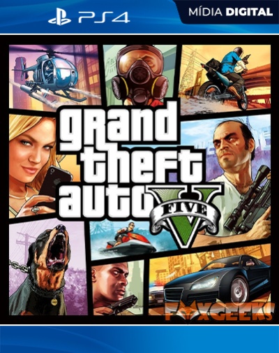 Capa do jogo digital para PS4 Grand Theft Auto V com personagens e veículos