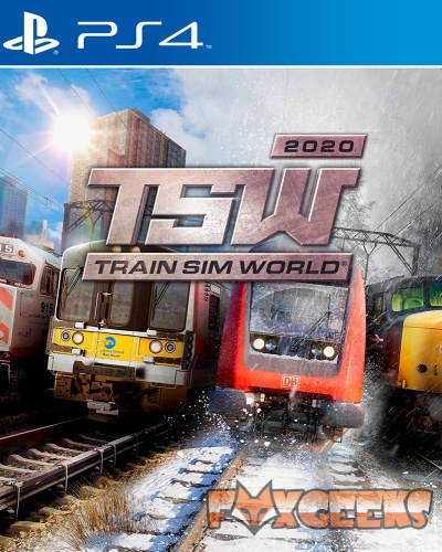 Capa do jogo PS4 TSW 2020 TRAIN SIM WORLD com três comboios em carris