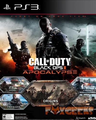 Capa do jogo Call of Duty Black Ops II Apocalypse para PS3 com personagens armados e mapas