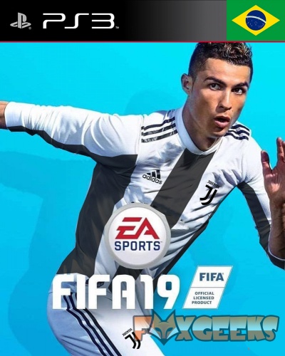 Capa do jogo FIFA 19 PS3 com jogador de futebol em uniforme Juventus e logos EA SPORTS e FIFA.