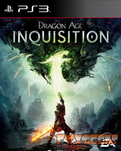 Capa do jogo Dragon Age Inquisition para PS3 com personagem e criatura monstruosa