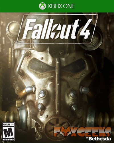 Capa do jogo Fallout 4 para Xbox One com capacete metálico envelhecido