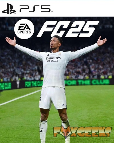 Capa do jogo EA Sports FC 25 para PS5 com jogador de futebol do Real Madrid em pose com os braços abertos