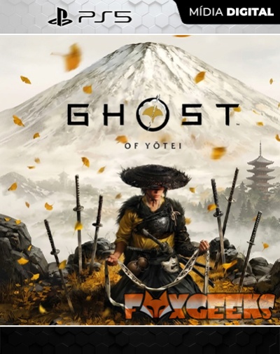 Capa do jogo PS5 Ghost of Yotei com guerreiro japonês e montanha nevada ao fundo