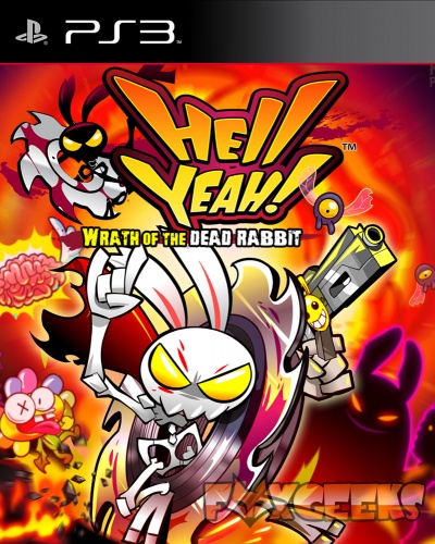 Capa do jogo PS3 Hell Yeah! Wrath of the Dead Rabbit com coelho esquelético e fundo vermelho