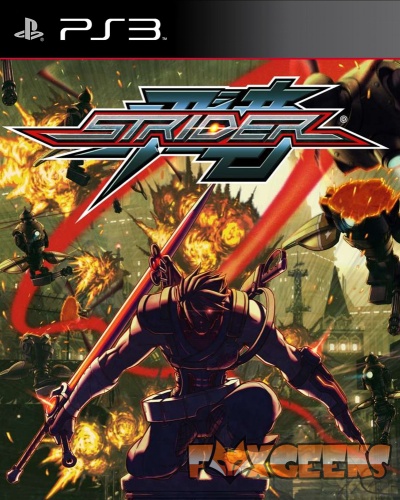 Capa do jogo 'Strider' para PS3 com personagem ninja e explosões