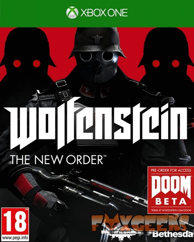 Capa do jogo Xbox One Wolfenstein The New Order com soldado em uniforme preto e texto de pré-encomenda e classificação etária.
