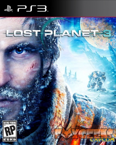 Capa do jogo PS3 Lost Planet 3 com homem e paisagem gelada