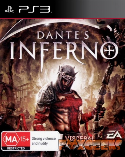 Capa do jogo de PS3 DANTE'S INFERNO com guerreiro medieval e aviso MA 15+
