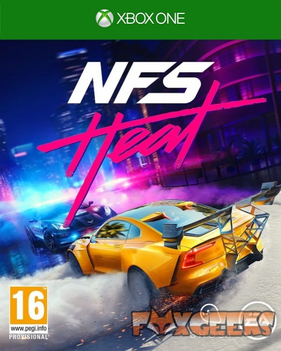 Capa do jogo Xbox One NFS Heat com carros desportivos e polícia em fundo urbano noturno