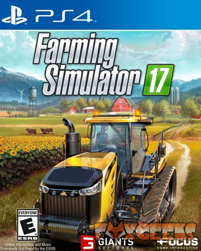Capa do jogo Farming Simulator 17 para PS4 com trator amarelo em campo agrícola