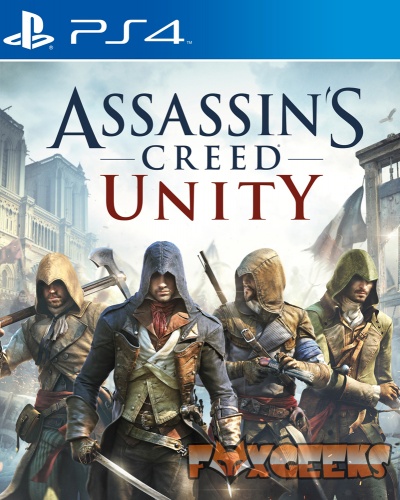 Capa do jogo Assassin's Creed Unity para PS4 com quatro personagens em roupas históricas e armas