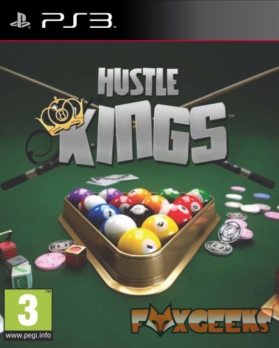 Capa do jogo PS3 Hustle Kings com bolas de bilhar, tacos e acessórios numa mesa verde