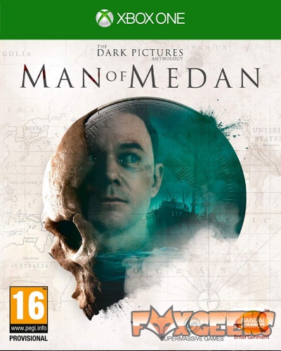 Capa do jogo Xbox One Man of Medan com caveira e rosto humano em fundo de mapa antigo