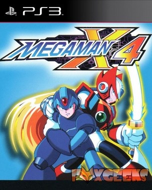 Capa do jogo MegaMan X4 para PS3 com dois personagens animados em fundo azul