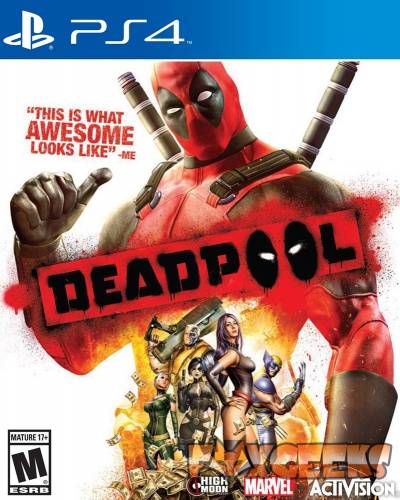 Capa do jogo Deadpool para PS4 com personagem em fato vermelho e preto e texto promocional