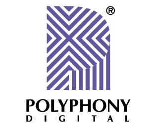 Logótipo da Polyphony Digital com letra P roxa e padrão geométrico