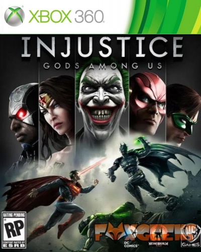Capa do jogo Injustice: Gods Among Us para Xbox 360 com personagens da DC Comics