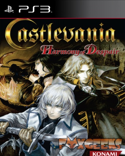 Capa do jogo Castlevania Harmony of Despair para PS3 com três personagens desenhados e texto KONAMI.