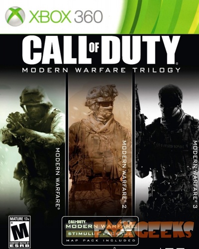 Capa do jogo Call of Duty Modern Warfare Trilogy para Xbox 360 com três soldados e textos distintivos