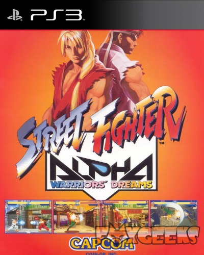 Capa do jogo Street Fighter Alpha Warriors' Dreams para PS3 com lutadores e logo colorido