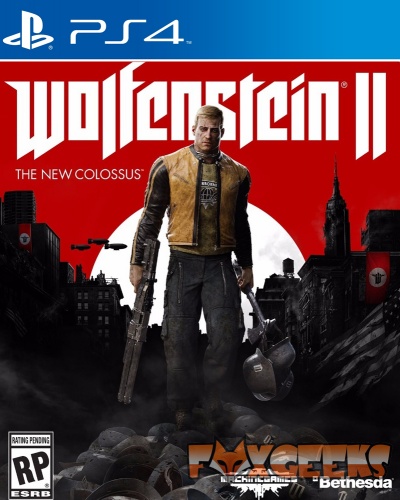 Capa do jogo Wolfenstein II para PS4 com homem armado em fundo vermelho