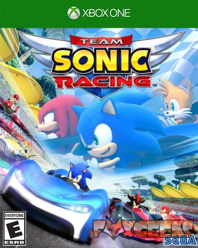 Capa videojogo Team Sonic Racing para Xbox One com personagens em carros de corrida