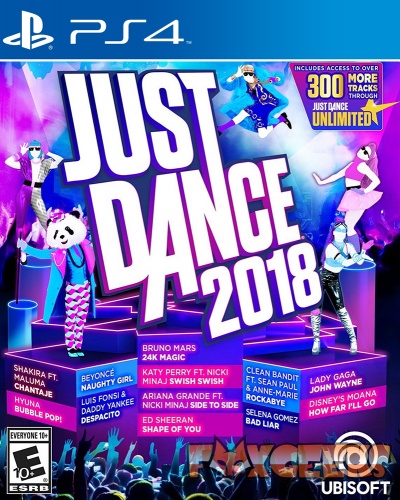 Capa do jogo PS4 Just Dance 2018 com personagens dançando e textos coloridos
