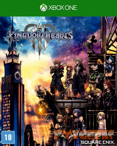 Capa do jogo Kingdom Hearts III para Xbox One com personagens de Disney e Square Enix