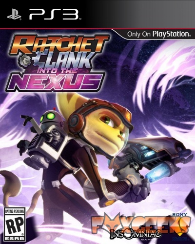 Capa do jogo Ratchet & Clank Into The Nexus para PS3 com personagens animados e efeitos roxos