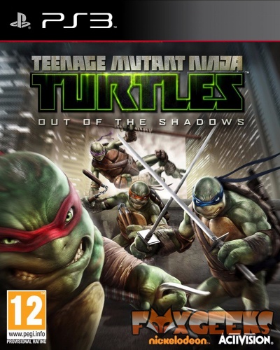 Capa do videojogo Teenage Mutant Ninja Turtles Out of the Shadows para PS3 com as quatro tartarugas ninja em ação