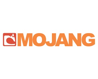 Logótipo MOJANG com chama branca em fundo laranja