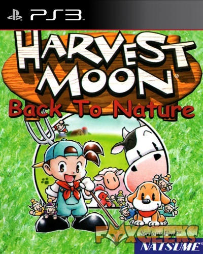Capa do jogo Harvest Moon Back To Nature para PS3 com personagens de desenho animado e fundo verde