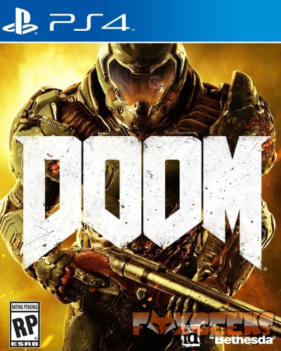 Capa do jogo DOOM para PS4 com personagem em armadura e arma
