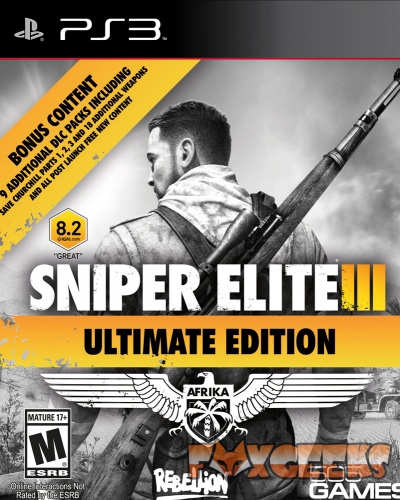 Capa do jogo Sniper Elite III Ultimate Edition para PS3 com soldado e rifle em fundo cinza e amarelo.