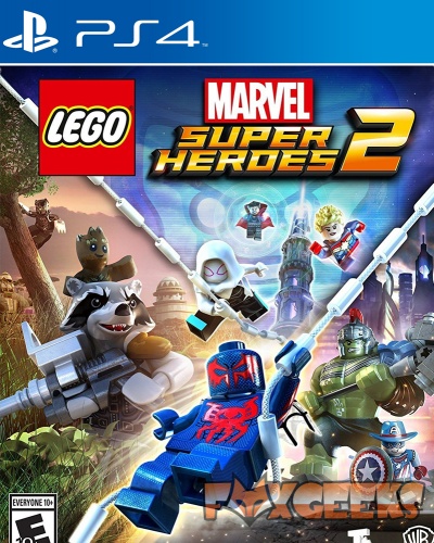 Capa do jogo PS4 LEGO Marvel Super Heroes 2 com personagens LEGO
