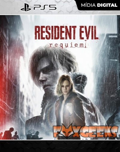 Capa do videojogo Resident Evil Requiem para PS5 com personagens e logotipo FOXGEKS