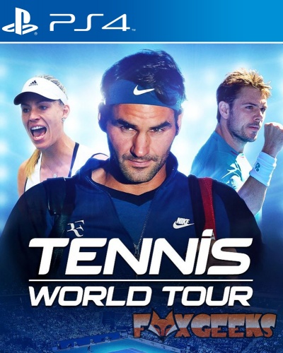 Capa do jogo PS4 TENNIS WORLD TOUR com três jogadores de ténis em destaque, fundo azul