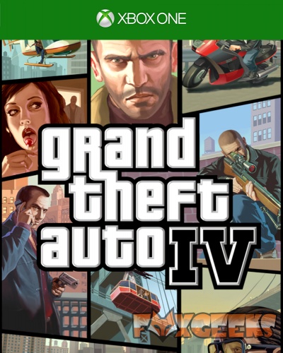 Capa do jogo grand theft auto IV para Xbox One com arte de personagens e cenas urbanas