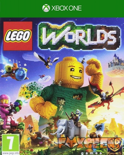 Capa do jogo LEGO Worlds para Xbox One com personagens e cenário em LEGO