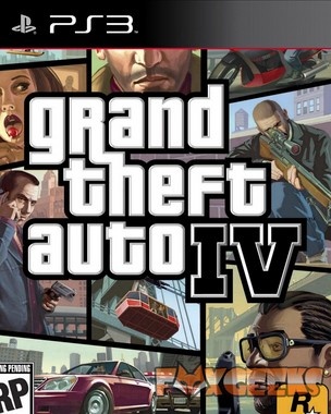 Capa do jogo Grand Theft Auto IV para PS3 com personagens e carros em várias cenas