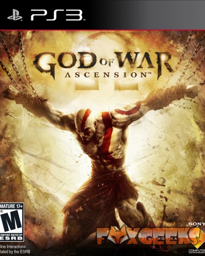 Capa do videojogo God of War Ascension para PS3 com personagem acorrentado e fundo amarelo