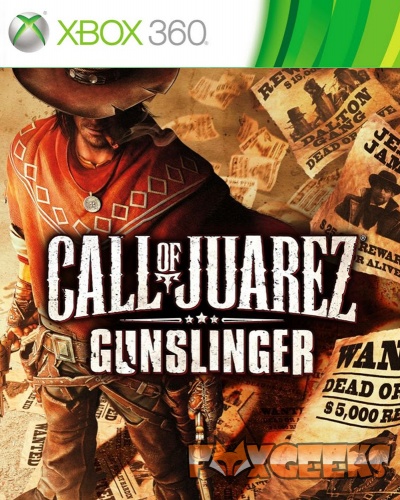 Capa do jogo Call of Juarez Gunslinger para Xbox 360, personagem cowboy e cartazes de procurado