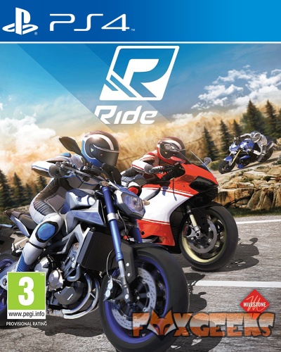Capa do jogo PS4 Ride com três motociclistas em estrada