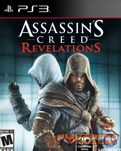 Capa do jogo PS3 Assassin's Creed Revelations com dois personagens encapuzados em fundo azul.
