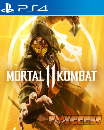 Capa do jogo Mortal Kombat 11 para PS4 com personagem em destaque e fundo amarelo