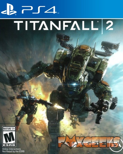 Capa do jogo PS4 TITANFALL 2 com robô e soldado em fundo explosivo