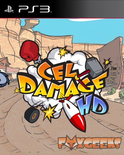 Capa do jogo PS3 Cel Damage HD com ilustração de deserto e elementos cartoon