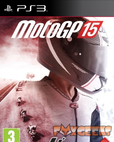 Capa do jogo MotoGP 15 para PS3 com capacete de motociclista e motociclistas na pista