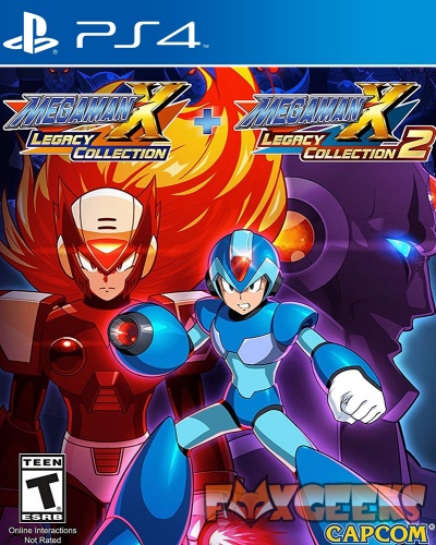 Capa de jogo MegaMan X Legacy Collection 1 e 2 para PS4 com personagens em fatos futuristas vermelho e azul.